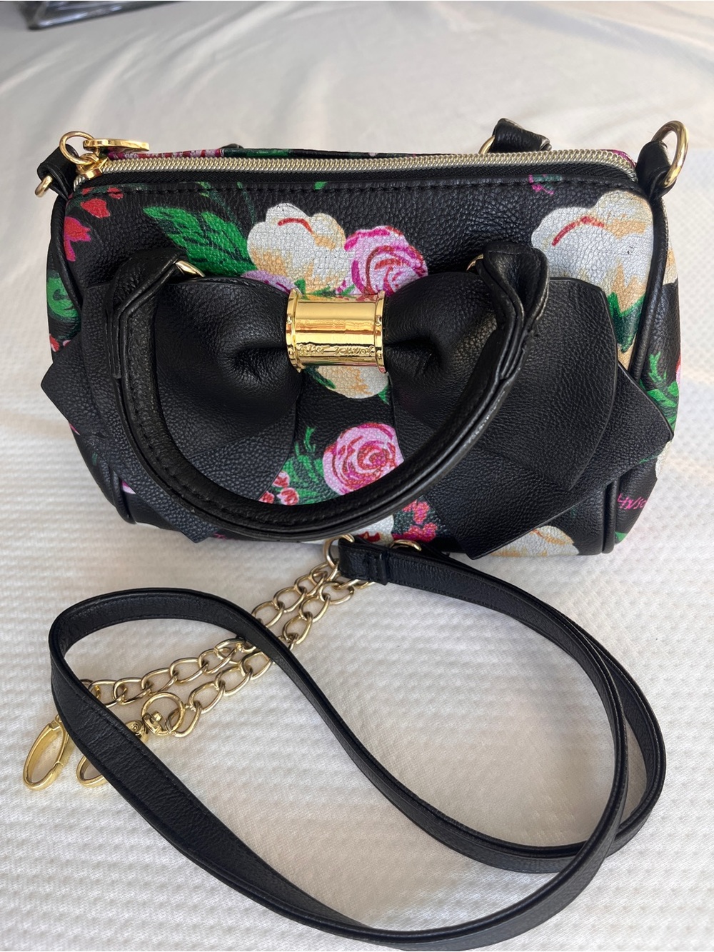 2 for $40- Betsey Johnson Black Floral Satchel with Gold Hardware and Large Bow - Picture 1 of 7